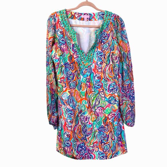 LILLY PULITZER Dress 4 Saemus What A Catch Beaded V-Neck Silk Lined Side Zip - Picture 2 of 16
